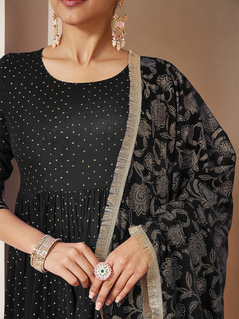 Janasya Women's Black Rayon Gold Printed Anarkali Kurta Set